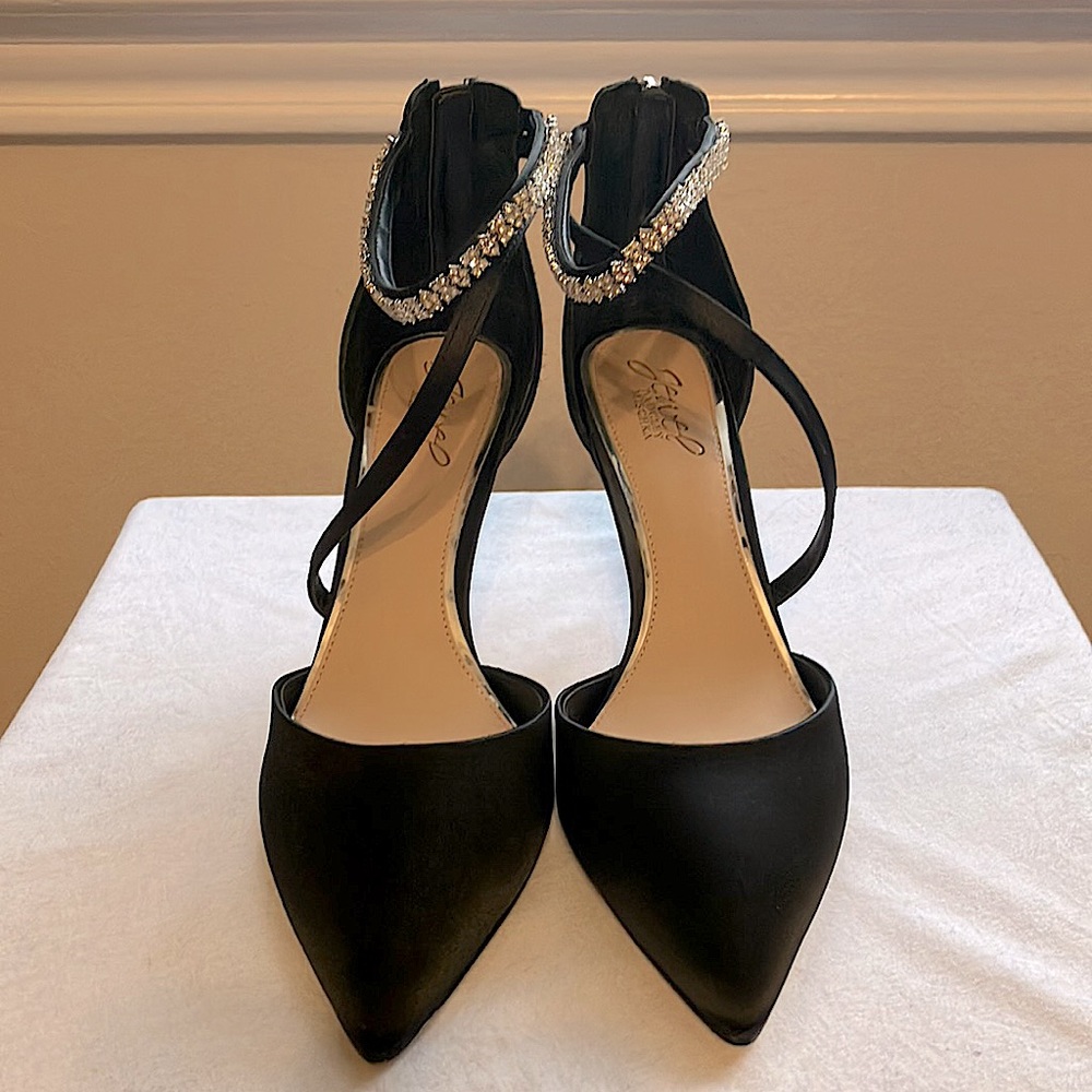 Jewel Bagdley Mischka Alaia Pointed Toe Kitten Heel Black Satin Sz 10